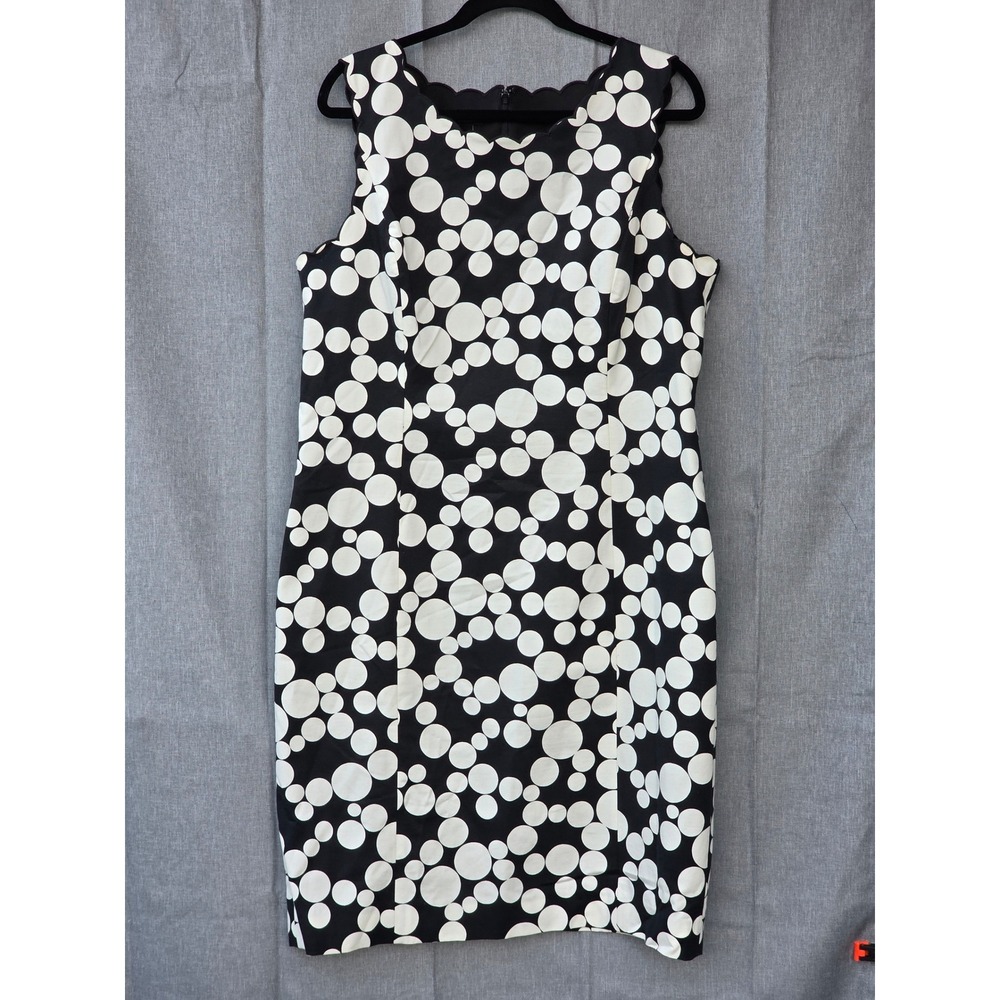 Talbots Women Black White Polka Dot Scalloped Neck Sheath Dress Size 14